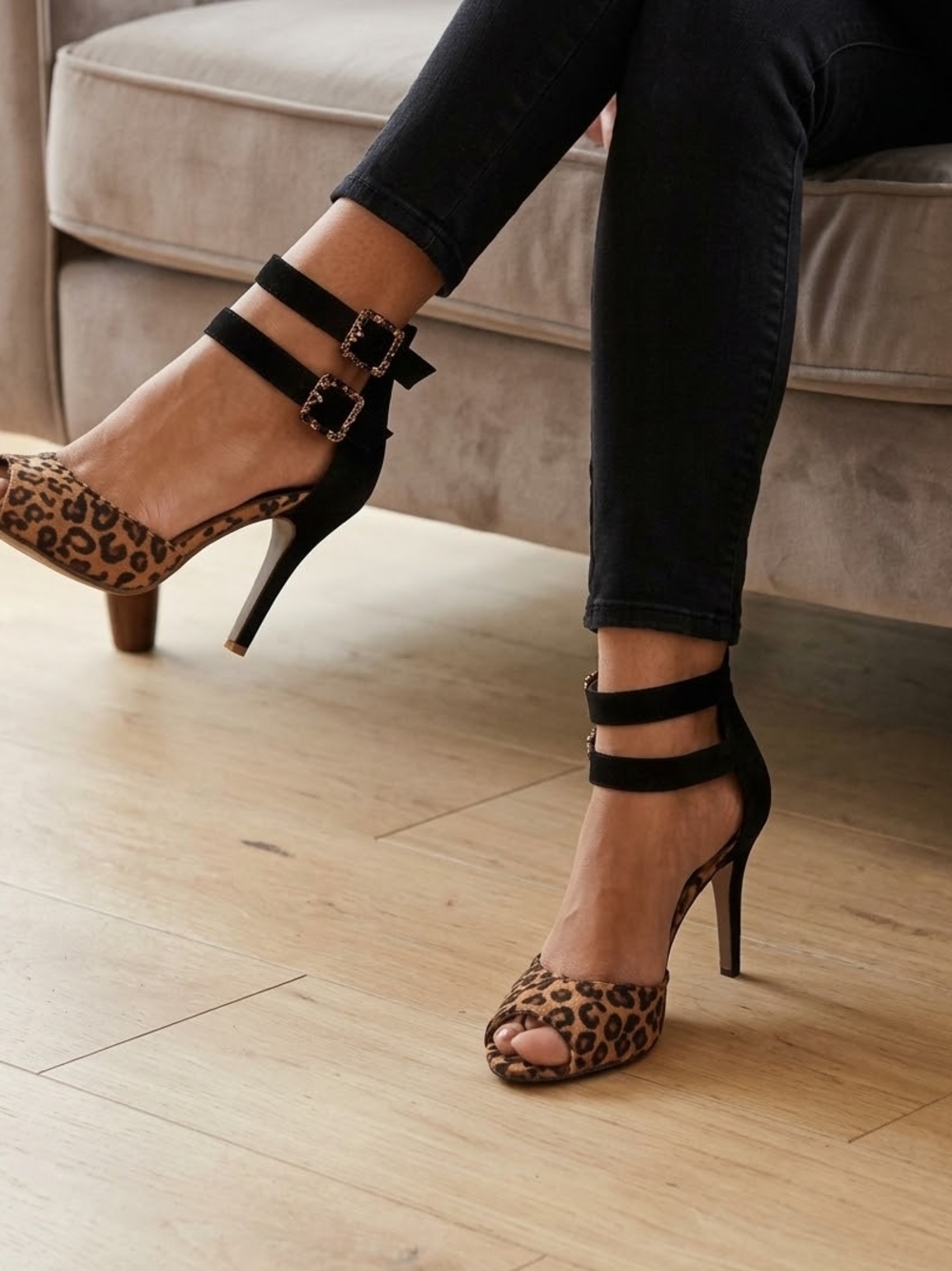 LILIANA Leopard & Black Buckle Ankle Strap Peep-Toe Stiletto Heels (Size 7.5)
